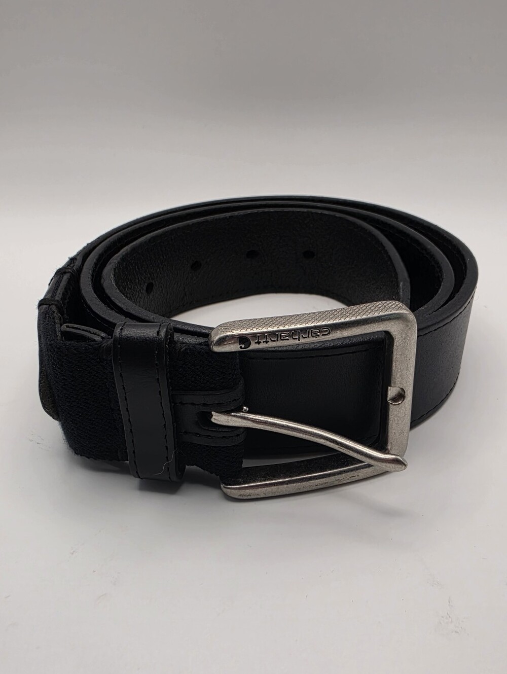 Carhartt Black Canvas Leather Trim Belt Size 36 Logo Buckle Workwear Great Cond